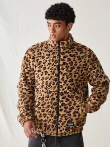 Manfinity RebelGame Men's Knitted Fashionable Relaxed Leopard Plush Zipper Jacket For Daily Casual Wear - Multicolor - View 4
