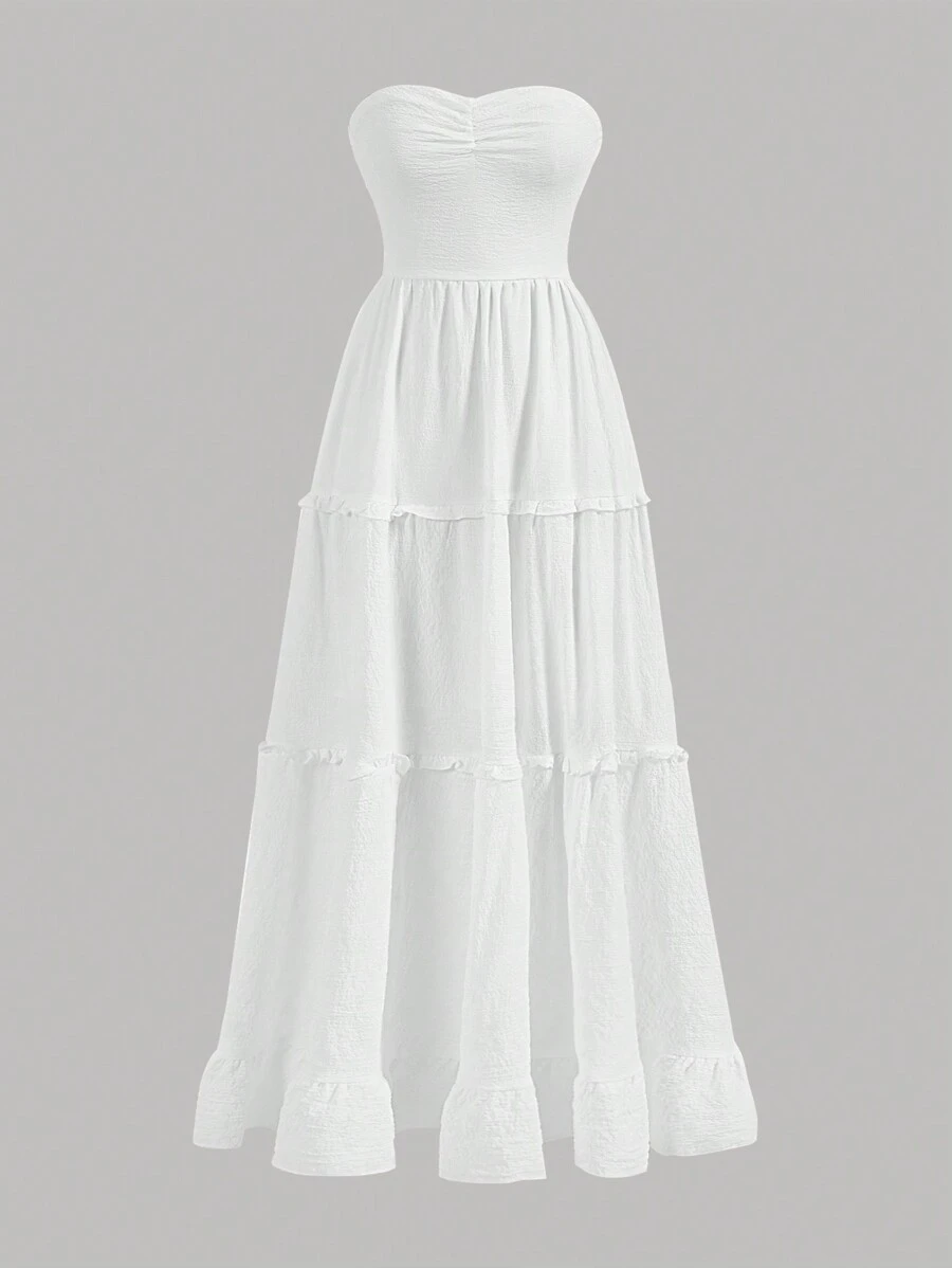 Aloruh Ladies Solid Color Simple Style Strapless Dress For Daily Wear - White - View 1