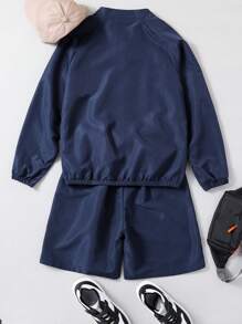 SHEIN Teen Boy Spring/Summer Letter Print Long Sleeve Zipper Jacket And Shorts Casual Outfit