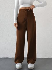 SHEIN Cottnline 女裝純色休閒日常搭配西裝褲 - 棕色 - 查看 1