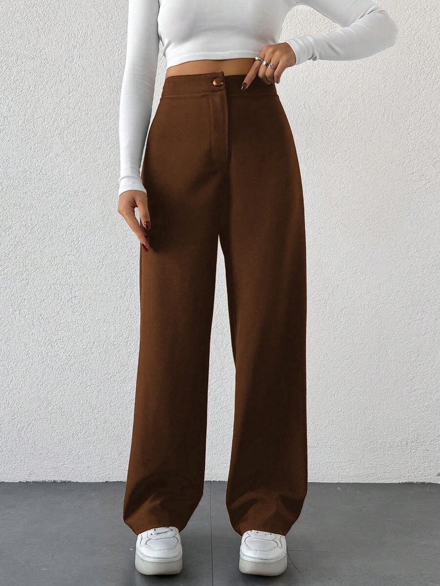 SHEIN Cottnline 女裝純色休閒日常搭配西裝褲 - 棕色 - 查看 1