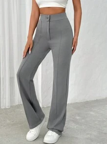 Pantalones grises tejidos con cintura alta para mujer - Gris - Ver 4