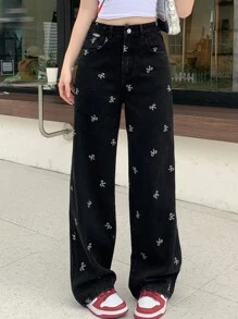DAZY Bow Print Zipper Fly Wide Leg Jeans