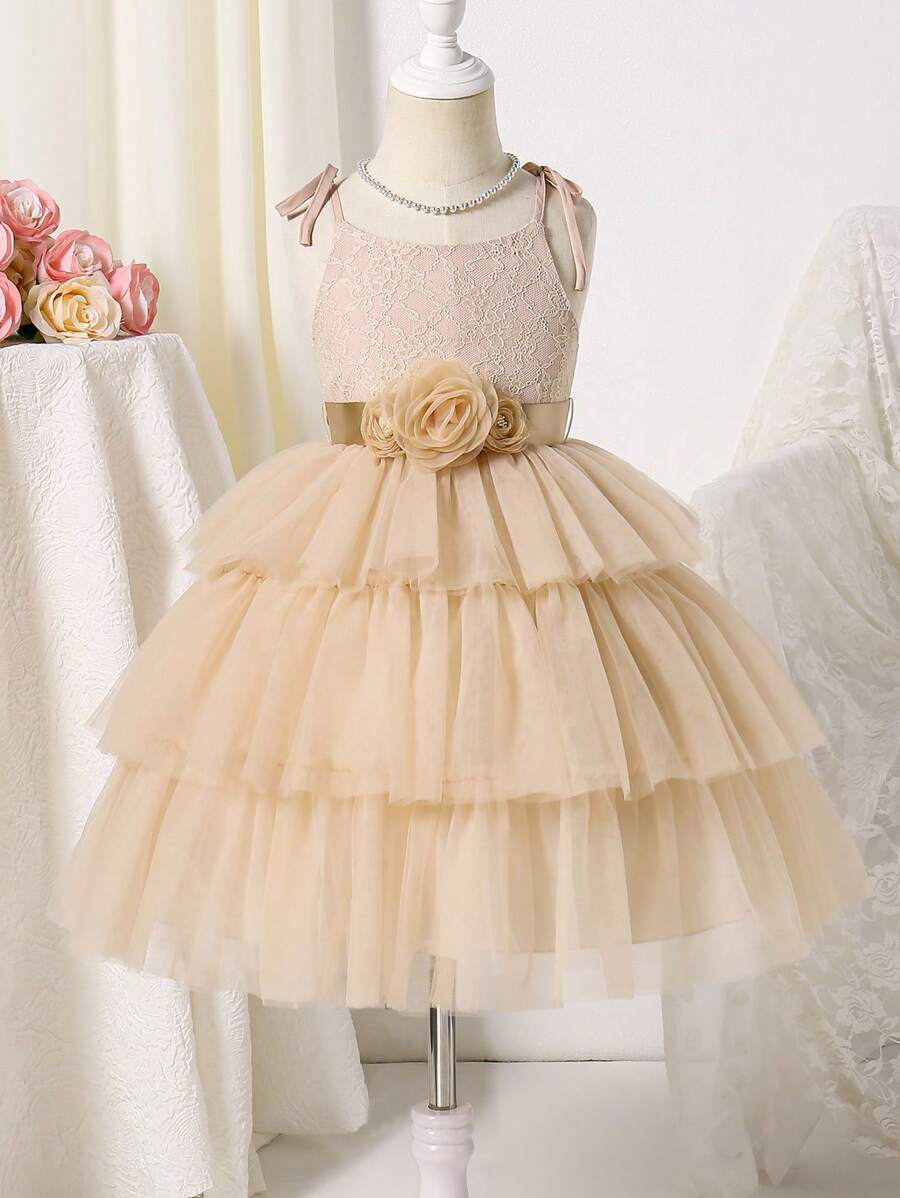 Girls' Princess Dress For Kids, Perfect For Wedding, Piano Performance, Or Birthday Gift, Summer Sleeveless Cake Skirt With 3D Waist Belt Flower - Champagne - View 1