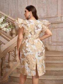 SHEIN Belle 大码提花 3D 荷叶边袖优雅鸡尾酒会礼服舞会半正式婚礼宾客礼服，适合生日、毕业典礼、晚宴、返校节 - 杏色 - 查看 2