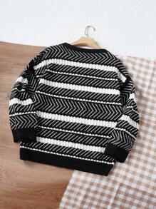 Flirla 黑白条纹落肩针织套头衫，适合日常穿着，秋冬季款 - 黑與白 - 查看 2