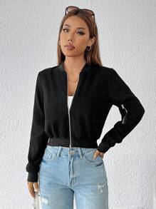 SHEIN PETITE Solid Color Street Style Sports Zipper Black Bomber Jacket - Black - View 4