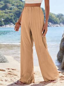 SHEIN Cottnline Wide Leg Pants, Pleating Fabric - Brown - View 4