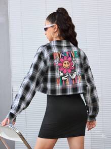 SHEIN Conjunto de dos piezas para niña adolescente con blusa de cuello impreso y tejido a cuadros, y vestido tipo camiseta