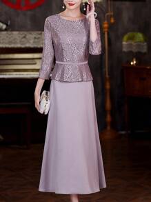 Purple Sequined Bridesmaid Dress, Elegant Round Neck Mid-Length Cocktail Dress, Suitable For Wedding Party, Women's Clothing