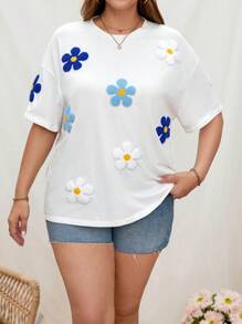 SHEIN LUNE Áo thun cổ tròn in hoa mùa hè thường ngày cỡ lớn dành cho nữ có tay áo Dolman - trắng - Xem 1