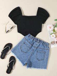 SHEIN Teen Girls' Simple Ruched Short Sleeve Top And Shorts Set - Multicolor - View 2