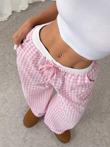 SHEIN EZwear 粉白色格子印花口袋休閒直筒褲 - 粉色 - 查看 4