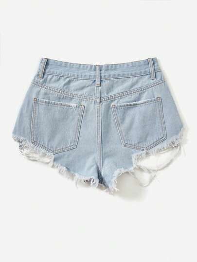 SHEIN EZwear Quần short denim nữ Nút Dây kéo Túi Hem thô Bị tách màu trơn