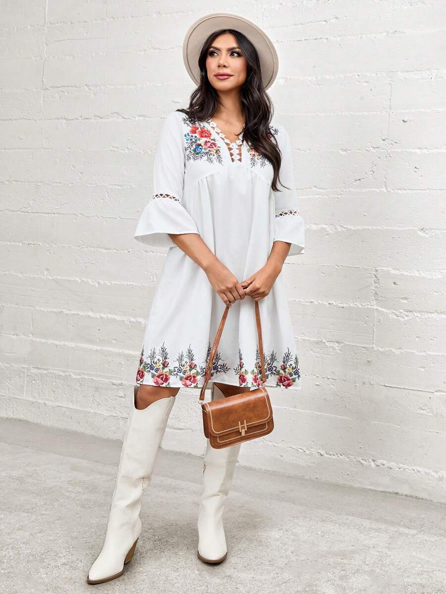 SHEIN LUNE 夏季花卉印花浪漫假期女裝 - 白色 - 查看 1