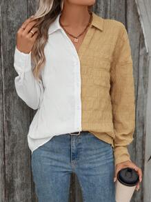 SHEIN LUNE Color Block Front Pocket Drop Shoulder Sleeve Shirt - Multicolor - View 3