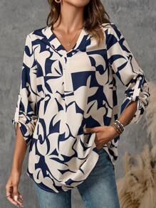 EMERY ROSE Camisa de manga larga para mujer con estampado de patrón geométrico de otoño - Multicolor - Ver 3