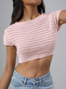SHEIN Unity Solid Solid Crop Pointelle Knit Top - Pink - View 4
