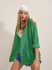 Cottnline Solid Button Up Drop Shoulder Shirt - Green - View 3