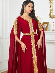 Long Sleeve V-Neck Tie-Beaded Lace Women's Arabian Kaftan Modest Dress - Red - View 7