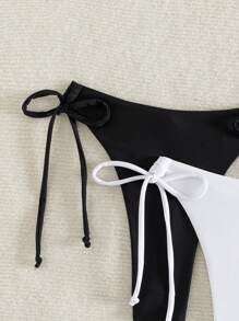 SHEIN Swim 纯色双面系带比基尼泳裤性感泳装 2 件套比基尼泳裤夏季 - 黑與白 - 查看 4