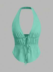 SHEIN Unity Women's Simple Solid Color Daily Wear Halter Neck Tie Sleeveless Top - Green - View 1