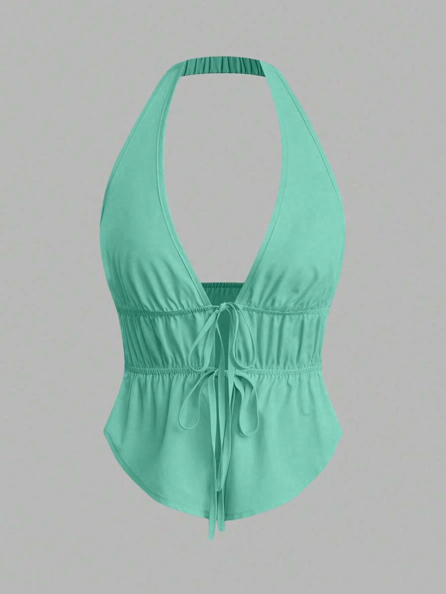 SHEIN Unity Women's Simple Solid Color Daily Wear Halter Neck Tie Sleeveless Top - Green - View 1