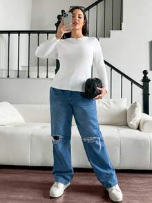 SHEIN Essnce 大码女式夏秋季休闲紧身后背镂空白色长袖 T 恤、可爱上衣、秋季女装、曲线加大码、返校、秋装、巡航女装、长袖上衣、白色上衣、性感上衣 - 白色 - 查看 4