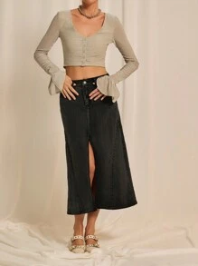SHEINNeu Falda de mezclilla negra lisa simple para dama, ideal para uso diario - Negro - Ver 4
