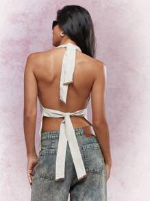 MISSGUIDED Linen Halter Neck Backless Top - Apricot - View 2