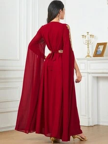 Long Sleeve V-Neck Tie-Beaded Lace Women's Arabian Kaftan Modest Dress - Red - View 2