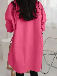 INAWLY 加大纯色落肩开衩下摆女式衬衫