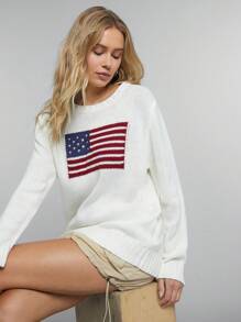 Easelle Women 4th Of July American Flag Pattern Round Neck Casual Long Sleeve Sweater