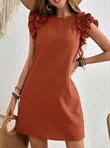 EMERY ROSE 女性度假時尚編織迷你連衣裙，幹淨的色調和荷葉邊裝飾 - 鏽棕色 - 查看 5