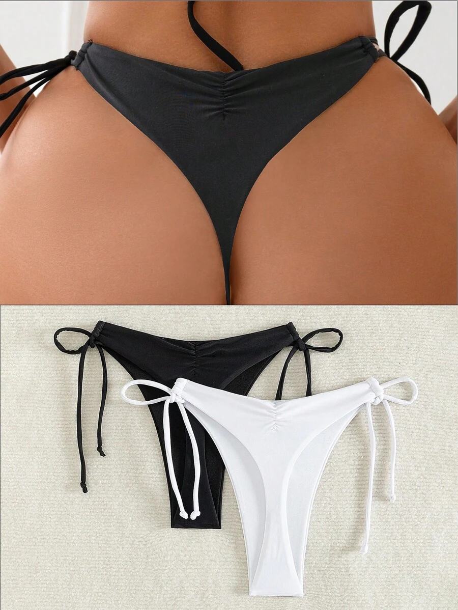 SHEIN Swim 纯色双面系带比基尼泳裤性感泳装 2 件套比基尼泳裤夏季 - 黑與白 - 查看 1