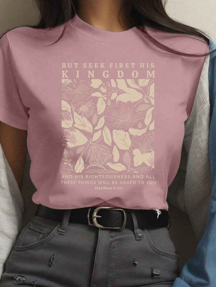 INAWLY Women's Floral Alphabet Graphic T-Shirt,Dusty Pink Summer Casual Cottage Core Vacation Tops,Matthew 6:33 Bible Verse Short Sleeve Round Neck Tees - Baby Pink - View 1