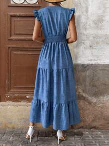 SHEIN Clasi Vestido largo con efecto de mezclilla, escote en V y mangas acampanadas clásicas - Azul - Ver 2