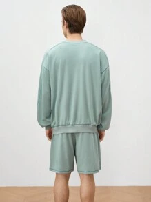 Manfinity INSISELF 2pcs Men's Knit Loose Casual Long-Sleeved Round Neck Pullover Sweatshirt And High-Waisted Straight Shorts Set, Suitable For Daily Wear