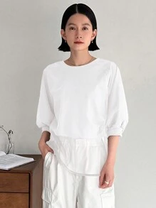 FRIFUL 女性純色休閒套頭T恤，棉質拉甘袖款式 - 米色 - 查看 4