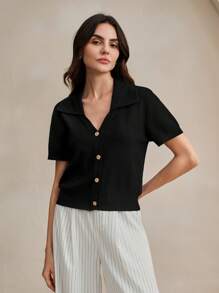 Anewsta Lässiger und bequemer Damen-Schwarzer-Cardigan mit großem Revers, V-Ausschnitt und Ein-Knopf-Verschluss