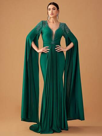 YISIKADO Luxury Rhinestone Embellished Split Long Sleeve Fishtail Evening Party Dress For Women