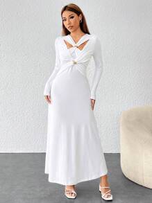 SHEIN PETITE Women's Hollow Out Metal Decor Pleated Dress - White - View 6