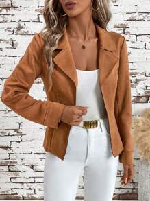 SHEIN Clasi 女士優雅的襯衫領束腰麂皮夾克 - 棕色 - 查看 5