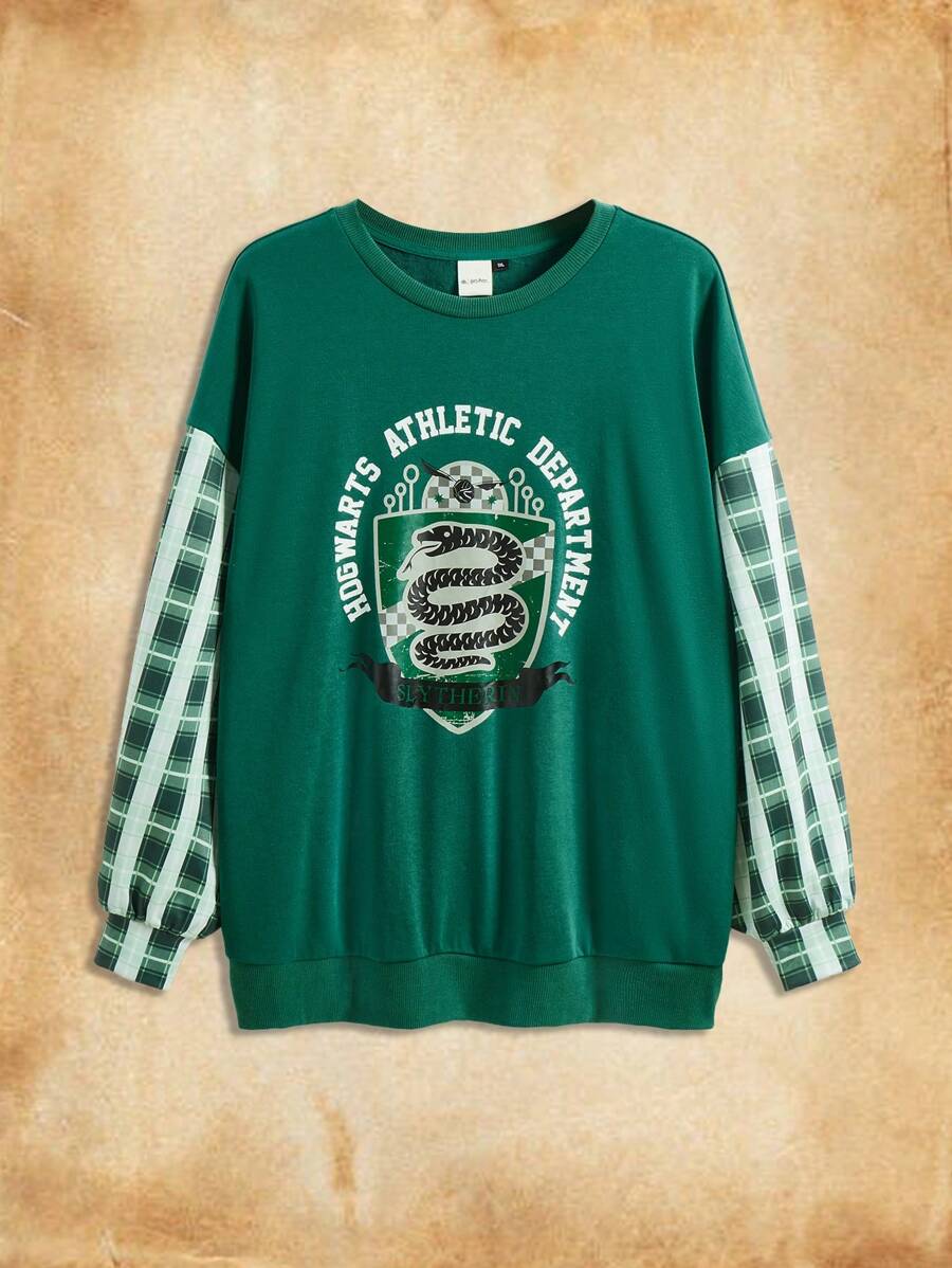 HARRY POTTER X SHEIN Plus Slytherin Áo nỉ in hình huy hiệu màu xanh đậm tương phản, thích hợp mặc hàng ngày và đi chơi - Màu xanh lam - Xem 1