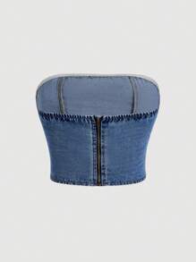 SHEIN MOD Women's Fashionable Denim Top With Waistband, Circle Cut-Out And Backless Design - Light Wash - View 2