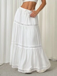 SHEIN EZwear Jupe longue évasée de couleur unie blanche avec dentelle contrastée - Blanc - Voir 3