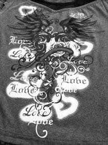 ROMWE Grunge Punk Letter Graphic Contrast Lace Cold Shoulder Tee, School