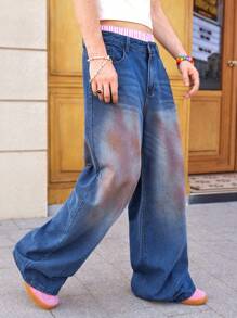 Manfinity EMRG Y2K Men's Vintage Dark Blue Washed Denim Casual Ultra Wide-Leg Flared Baggy Jeans