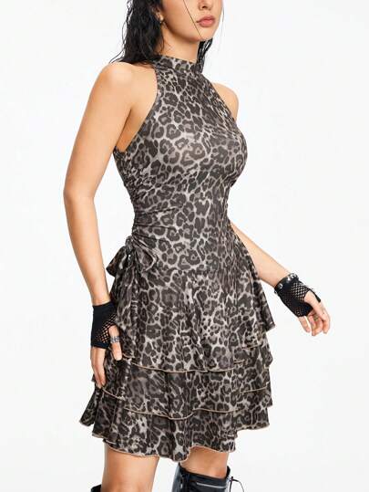 Grunge Punk Vestido de leopardo sexy con falda de múltiples capas sin tirantes con cinturón de la cintura para mujer