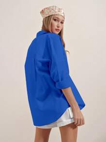 EURMUSE Drop Shoulder Button Front Shirt - Blue - View 4